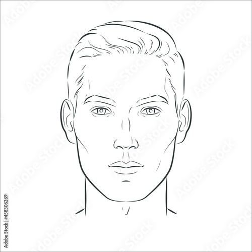 Vector man face. Young handsome male with trendy hairdo has serious expression. Front portrait. Black line realistic vintage illustration.