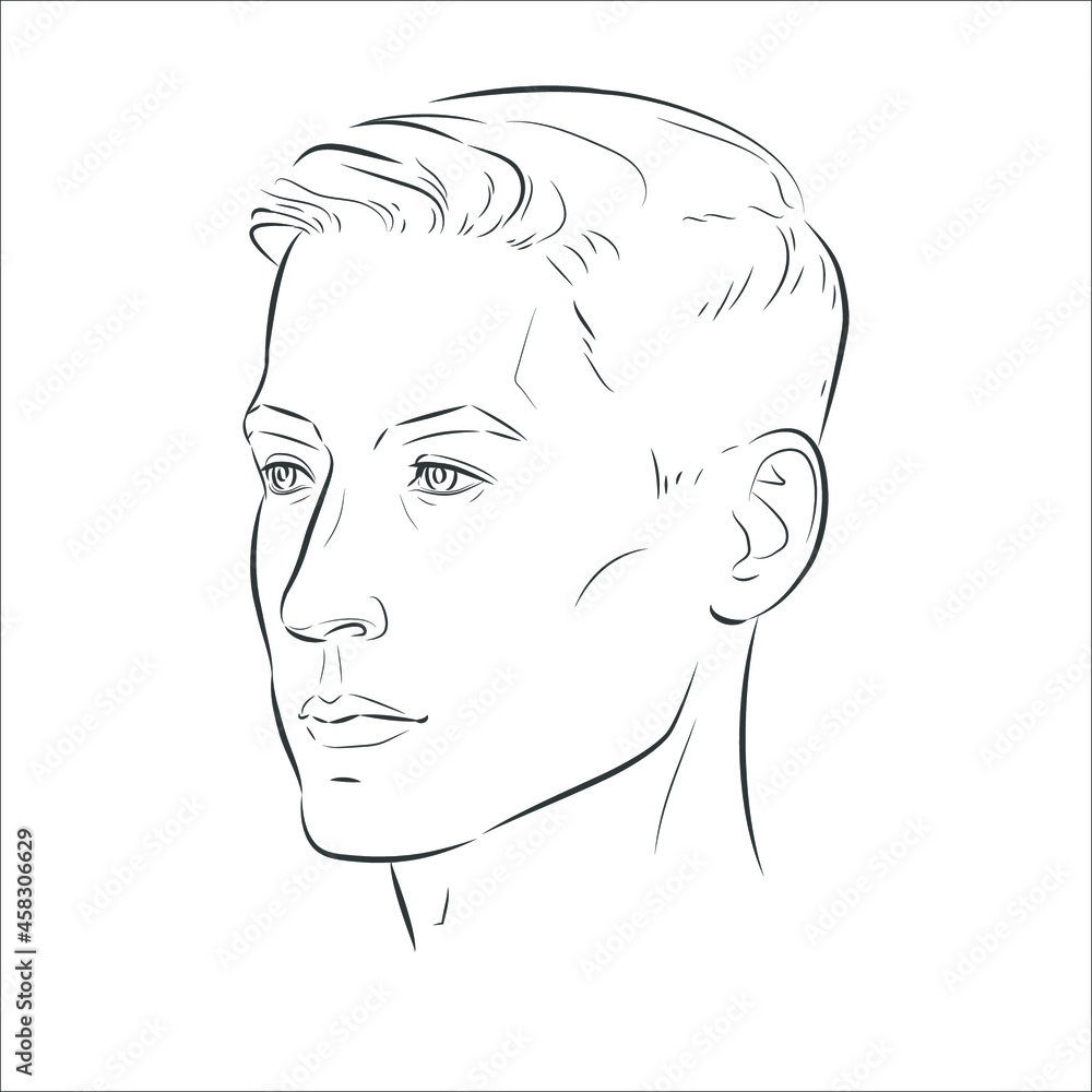 Man face vector. Male portrait of young beautiful boy with trendy hairdo. Three-quarter view. Sketch line illustration. Man face vector. Male portrait of young beautiful boy with trendy hairdo. Three-quarter view. Sketch line illustration.