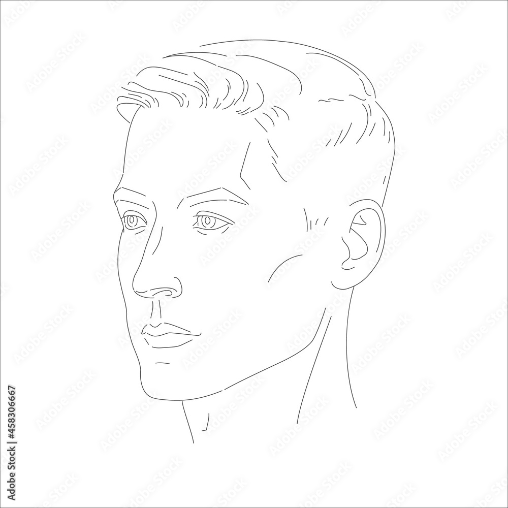 Set of man face portrait three different angles and turns of a male head. Close-up vector line sketch. Different view front, profile, three-quarter of a boy.