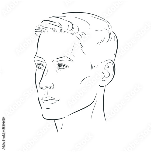 Man face vector. Male portrait of young beautiful boy with trendy hairdo. Three-quarter view. Sketch line illustration.