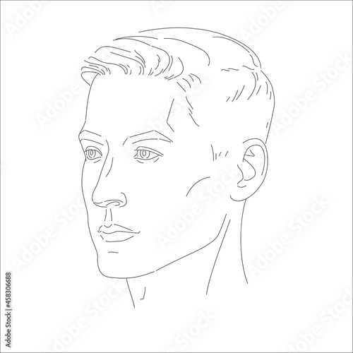 Man face vector. Male portrait of young beautiful boy with trendy hairdo. Three-quarter view. Sketch line illustration. photo