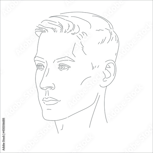 Man face vector. Male portrait of young beautiful boy with trendy hairdo. Three-quarter view. Sketch line illustration.