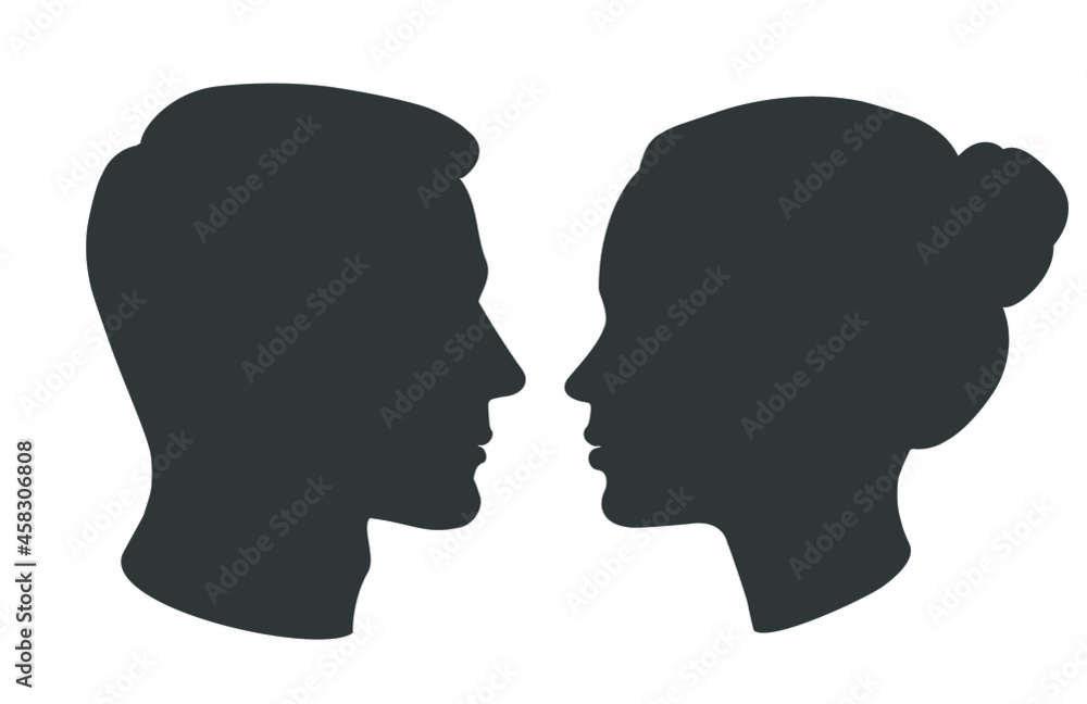 Vector silhouette of man and woman heads face to face in profile. Portrait of young beautiful girl, boy looking side. Close up isolated illustration on white.