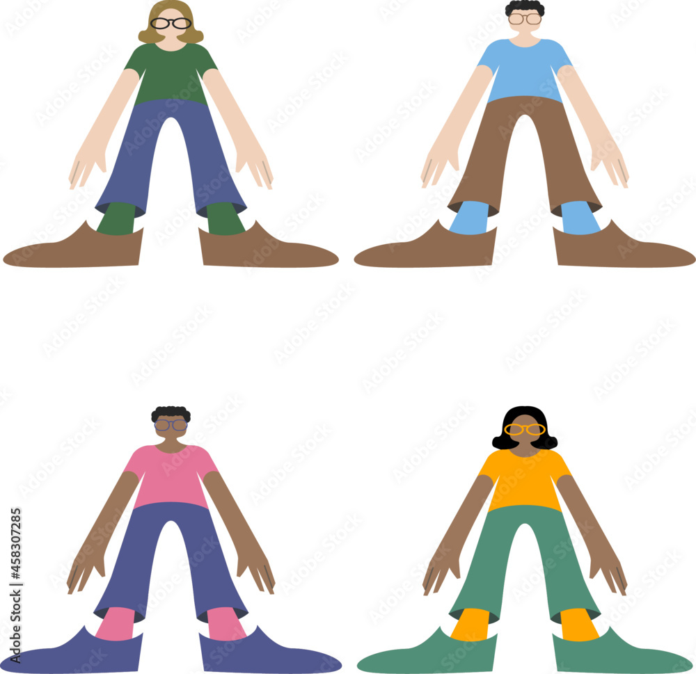 Isolated set of vector people in glasses and bright clothes on white background