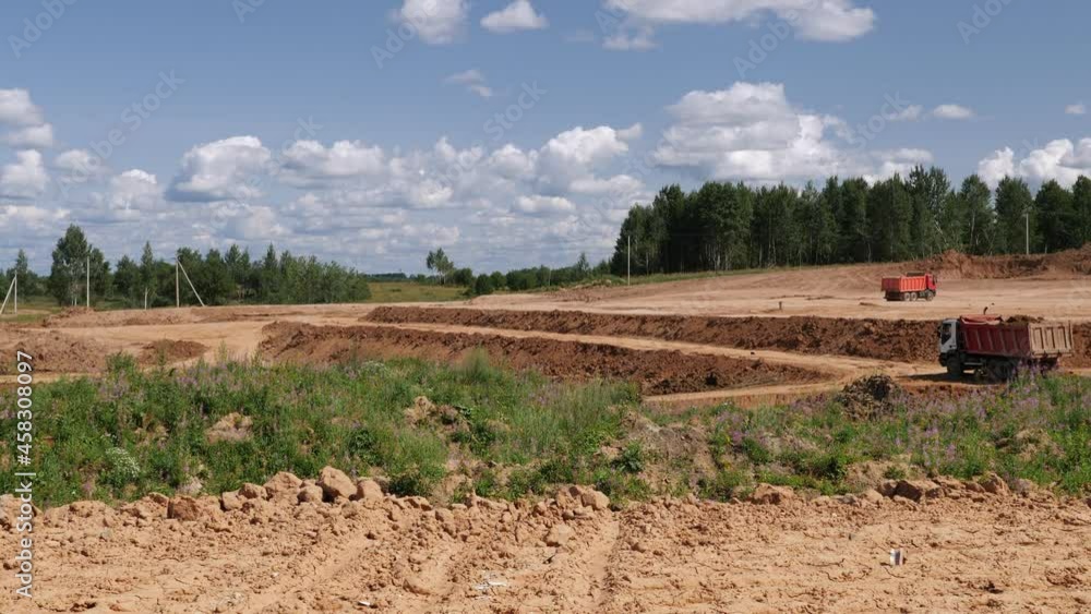 custom made wallpaper toronto digitalVideo shot of тrucks transporting soil for leveling construction site of meat processing plant

