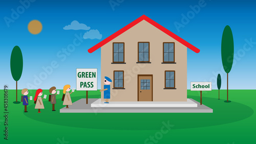 school illustration with students showing their green pass at the entrance