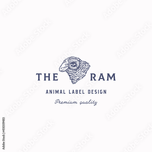 The Ram Abstract Vector Sign, Symbol or Logo Template. Hand Drawn Domestic Animal Head Sketch Sillhouette with Typography. Vintage Cattle Emblem. Isolated