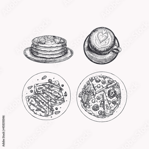Crepes and coffee set. Breakfast engraved style menu graphics. . Vector illustration