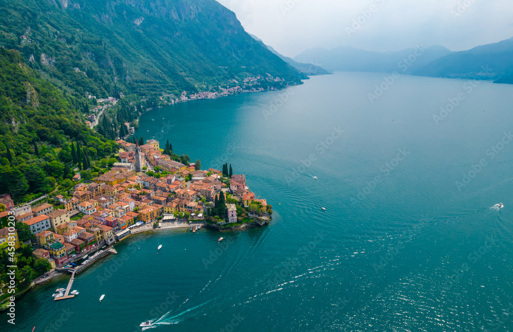 Aerial view of Varenna village. Varenna is a picturesque and traditional village, located on the eastern shore of Lake Como, Italy