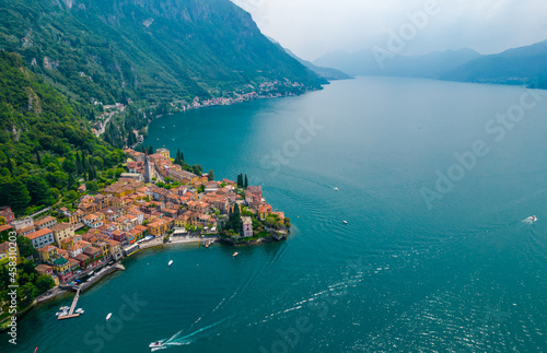 Aerial view of Varenna village. Varenna is a picturesque and traditional village, located on the eastern shore of Lake Como, Italy