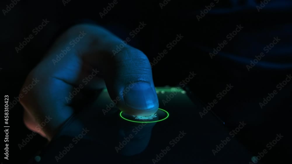 Human Activate Id in Fingerprint Scanning on Tech Device Panel Close-up ...