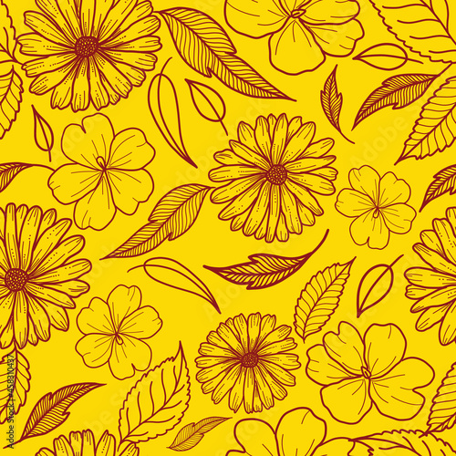 Vector line art floral seamless pattern