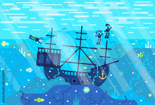 Scuba divers on the seabed explore an ancient sunken boat. Vector cartoon illustration in flat stile