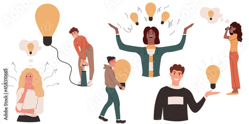 Set of scenes with people with light bulbs.Creative idea,brainstorm, problem solution development, decision.Flat vector illustration isolated on a white background