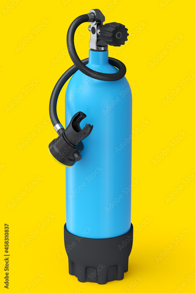 Naklejka premium Blue diving tank full oxygen for snorkeling isolated on a yellow background