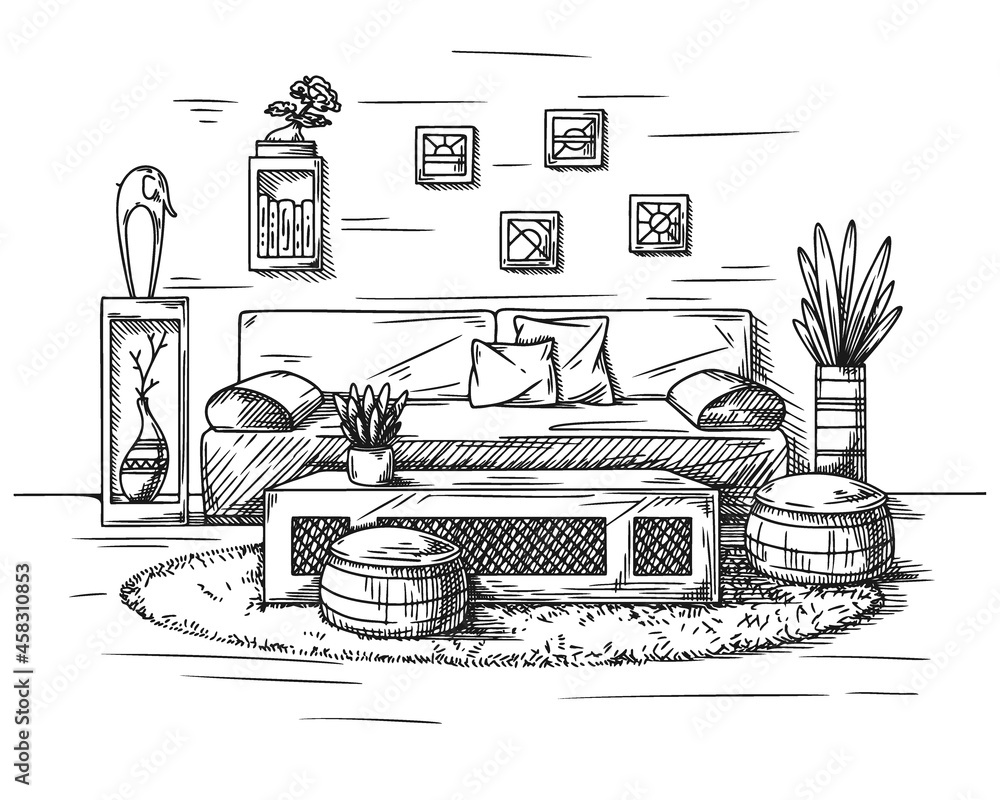 Living room sketch in black on white. Interior sketch, sofa, lamp and other furniture. Vector