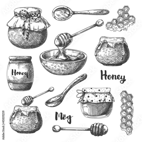 Sketch of different jars of honey, spoons and other items. Honey set. Vector