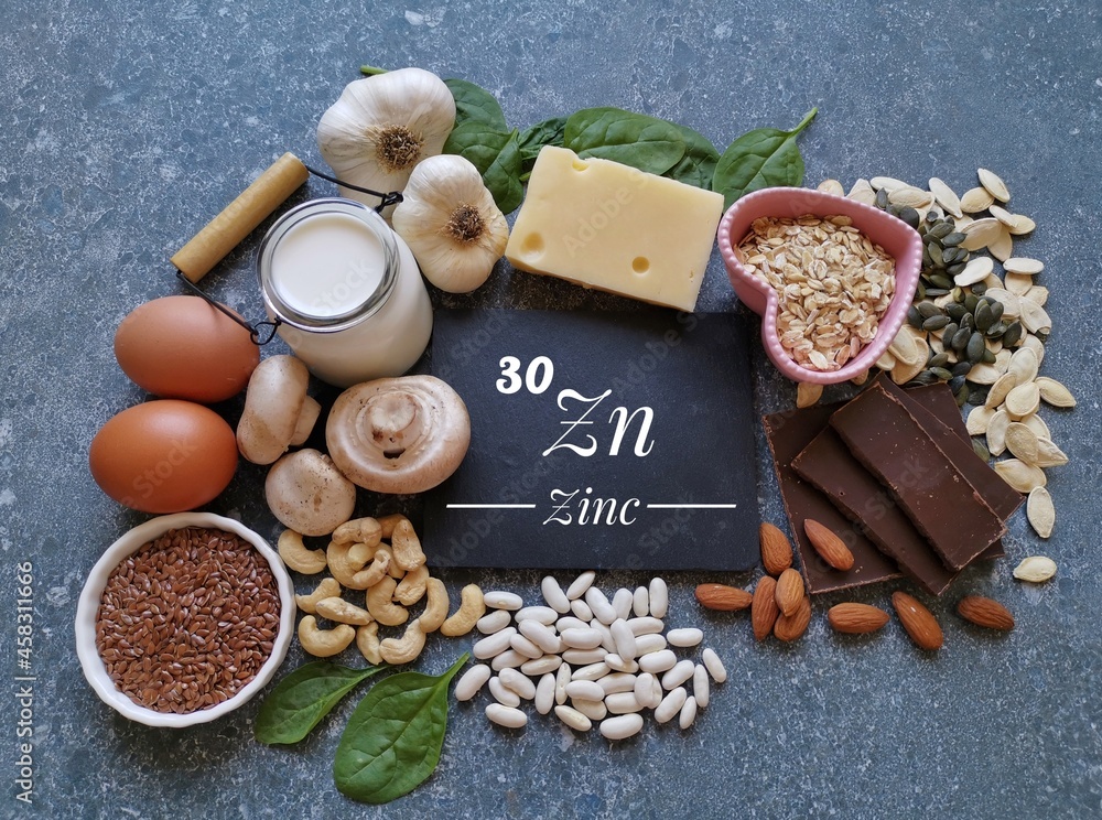 Food rich in zinc with the symbol Zn and atomic number 30. Natural products containing zinc, dietary fiber and vitamins. Healthy sources of zinc, healthy diet food. Food rich in zinc with the symbol Zn and atomic number 30. Natural products containing zinc, dietary fiber and vitamins. Healthy sources of zinc, healthy diet food.