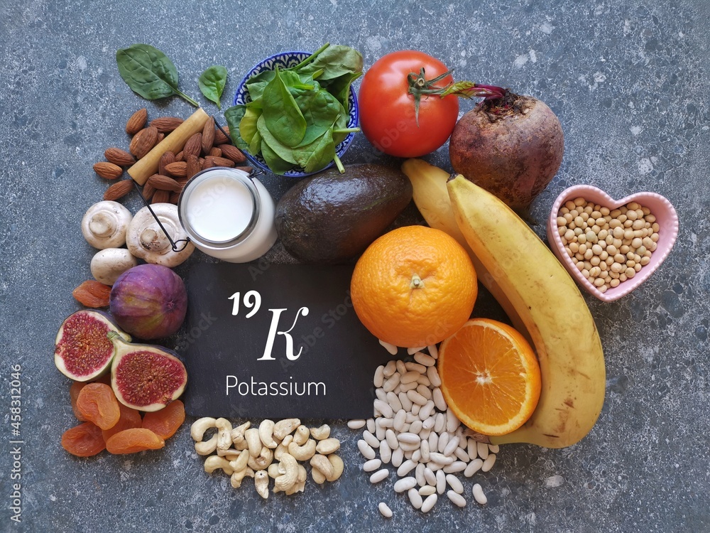 Food rich in potassium with the symbol K and atomic number 19. Natural products containing minerals, dietary fibers, vitamins. Potassium high food. Healthy sources of potassium, healthy diet food. Food rich in potassium with the symbol K and atomic number 19. Natural products containing minerals, dietary fibers, vitamins. Potassium high food. Healthy sources of potassium, healthy diet food.