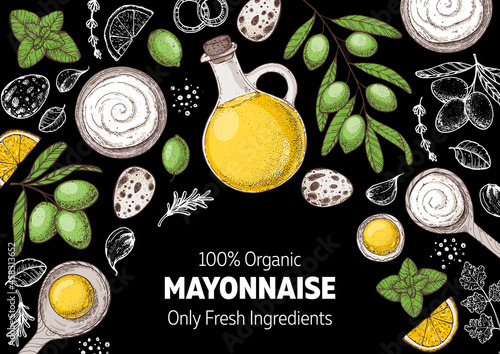 Mayonnaise sauce cooking and ingredients, hand drawn vector illustration. Homemade mayonnaise sauce, design elements. Hand drawn, package design.