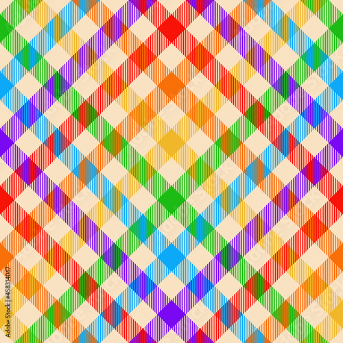 Gingham check pattern. Multicolored rainbow tartan vichy graphic in beige, purple, blue, red, orange, yellow for tablecloth, oilcloth, blanket, duvet cover, other spring summer autumn fabric print.
