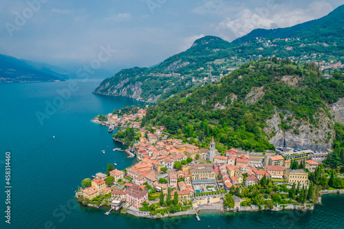 Aerial view of Varenna village. Varenna is a picturesque and traditional village, located on the eastern shore of Lake Como, Italy © Audrius