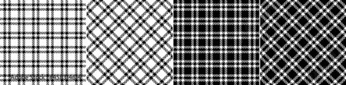Plaid pattern tweed in black and white for dress, jacket, coat, skirt, scarf. Seamless modern herringbone textured dark small tartan check for spring autumn winter fashion fabric design.