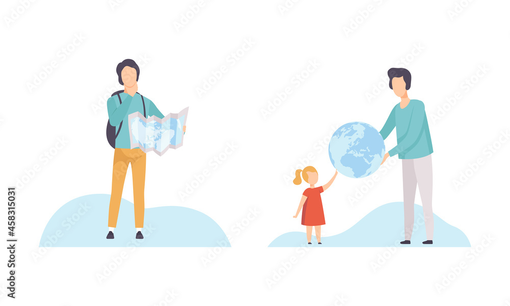 Young Man and Little Girl with Globe and Map Planning Travel Vector Set