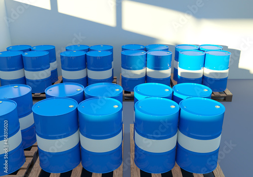 Chemical storage warehouse. Barrels symbolize tax storage. Containers for storing toxic liquids. Metal drums on pallets. Chemical factory warehouse. Chemical products storage system. 3d image