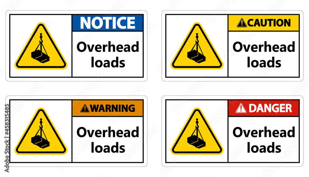 Danger, overhead load text, falling hazard risk caution warning sign Danger, overhead load text, falling hazard risk caution warning sign