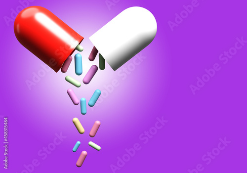 Tablets with bifidobacteria. Bifidobacteria spill out of capsule. Microbiome support tablet. Concept - taking bifidobacterium to support immunity. Gram-positive anaerobic bacteria tablets. 3d image