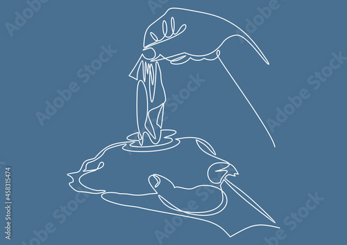 Hand pulling a tissue from a pack of wet wipes.One continuous single drawing line