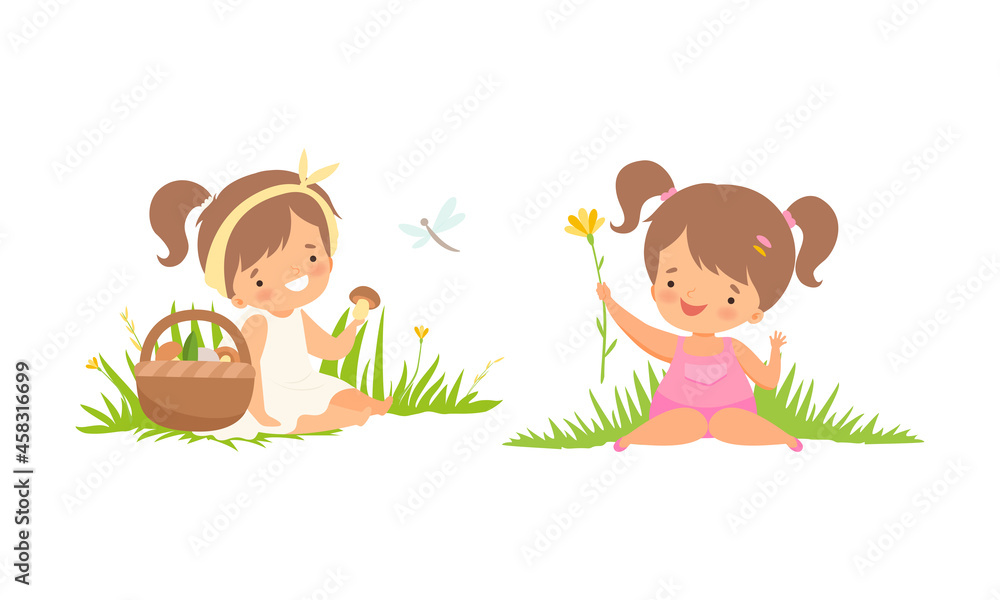 Cute Little Girl Walking Sitting on Green Meadow Grass with Basket Full of Mushrooms and Flower Vector Set Cute Little Girl Walking Sitting on Green Meadow Grass with Basket Full of Mushrooms and Flower Vector Set