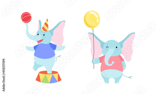 Cute Blue Elephant with Trunk Performing on Circus Stage and Holding Balloon Vector Set