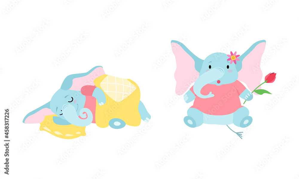 Cute Blue Elephant with Trunk Sleeping Covered with Blanket and Sitting with Flower Vector Set Cute Blue Elephant with Trunk Sleeping Covered with Blanket and Sitting with Flower Vector Set