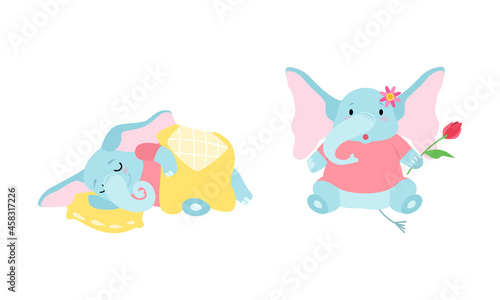 Cute Blue Elephant with Trunk Sleeping Covered with Blanket and Sitting with Flower Vector Set