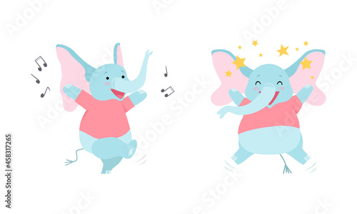Cute Blue Elephant with Trunk Singing and Dancing to Music Vector Set