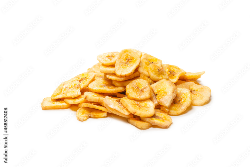 Banana chips isolated on a white background. Dehydrated banana. Banana chips isolated on a white background. Dehydrated banana.