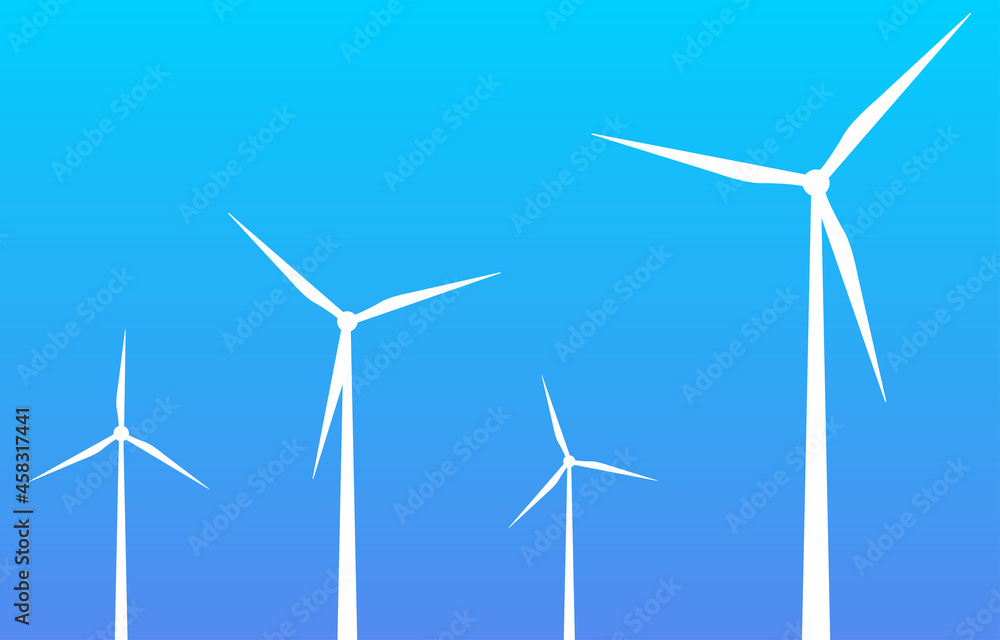 Silhouette of wind turbines on blue sky background. Windmills symbol. Ecofriendly sign. Ecology energy industrial concept. Renewable energy sources. Green electricity. Vector illustration Silhouette of wind turbines on blue sky background. Windmills symbol. Ecofriendly sign. Ecology energy industrial concept. Renewable energy sources. Green electricity. Vector illustration