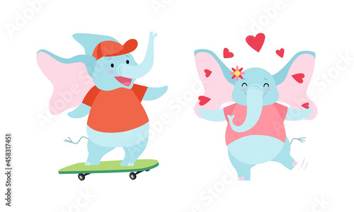 Cute Blue Elephant with Trunk Skateboarding and Juggling with Hearts Vector Set