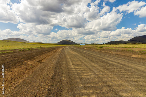Panorama picture of a dirt road in Arizona desert near Grand Falls, Flagstaff, Arizona