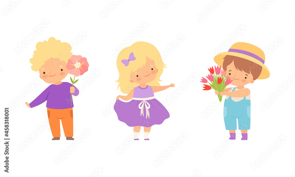Cute Little Boy Giving Flowers to Girl Expressing Congratulations Vector Set Cute Little Boy Giving Flowers to Girl Expressing Congratulations Vector Set