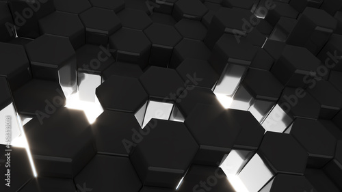 Abstract black hexagon shapes background,hexagon shape raised high and low,3d rendering