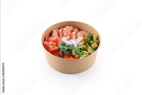 Poke with shrimp Traditional hawaiian cuisine. Tasty polynesian dish. isolated on white background. fast food healthy eating.