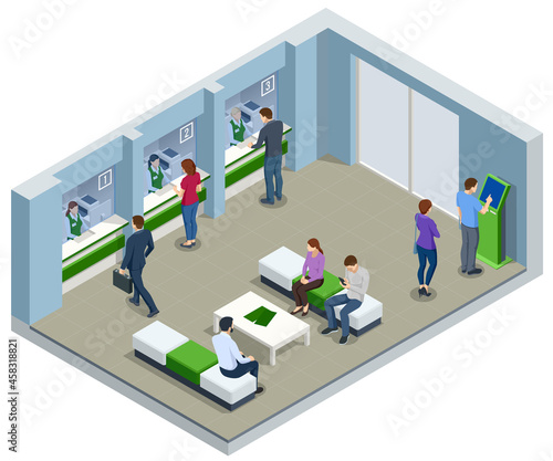 Isometric bank office. Bank employees sitting behind tables and serving bank customers. Financial center modern corporate interior design