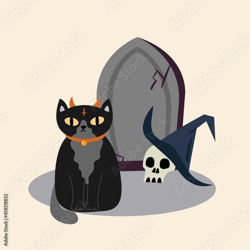 Cute halloween illustration with black cat, scull, witch's hat and headstone