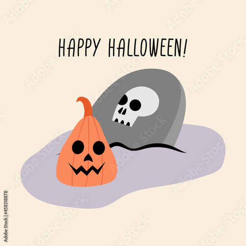 Happy Halloween pumpkin and headstone vector illustration