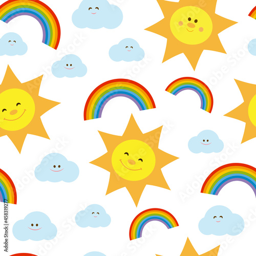 Colorful seamless pattern with cute sun, rainbow and cloud. It can be used for wallpapers, wrapping, cards, patterns for clothes and other.