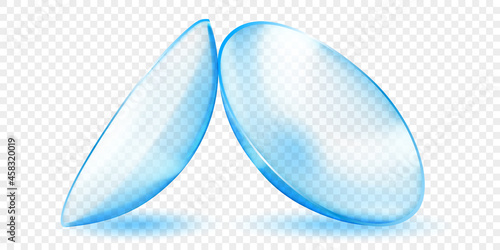 Realistic translucent contact lenses in light blue color, isolated on transparent background
