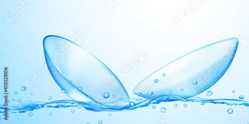 Realistic translucent contact lenses in light blue color with water flow, splash and drops